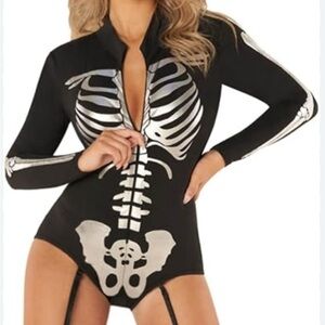 Morph Costume Skeleton Bodysuit Women's Large Halloween Metallic Sexy Zip Outfit